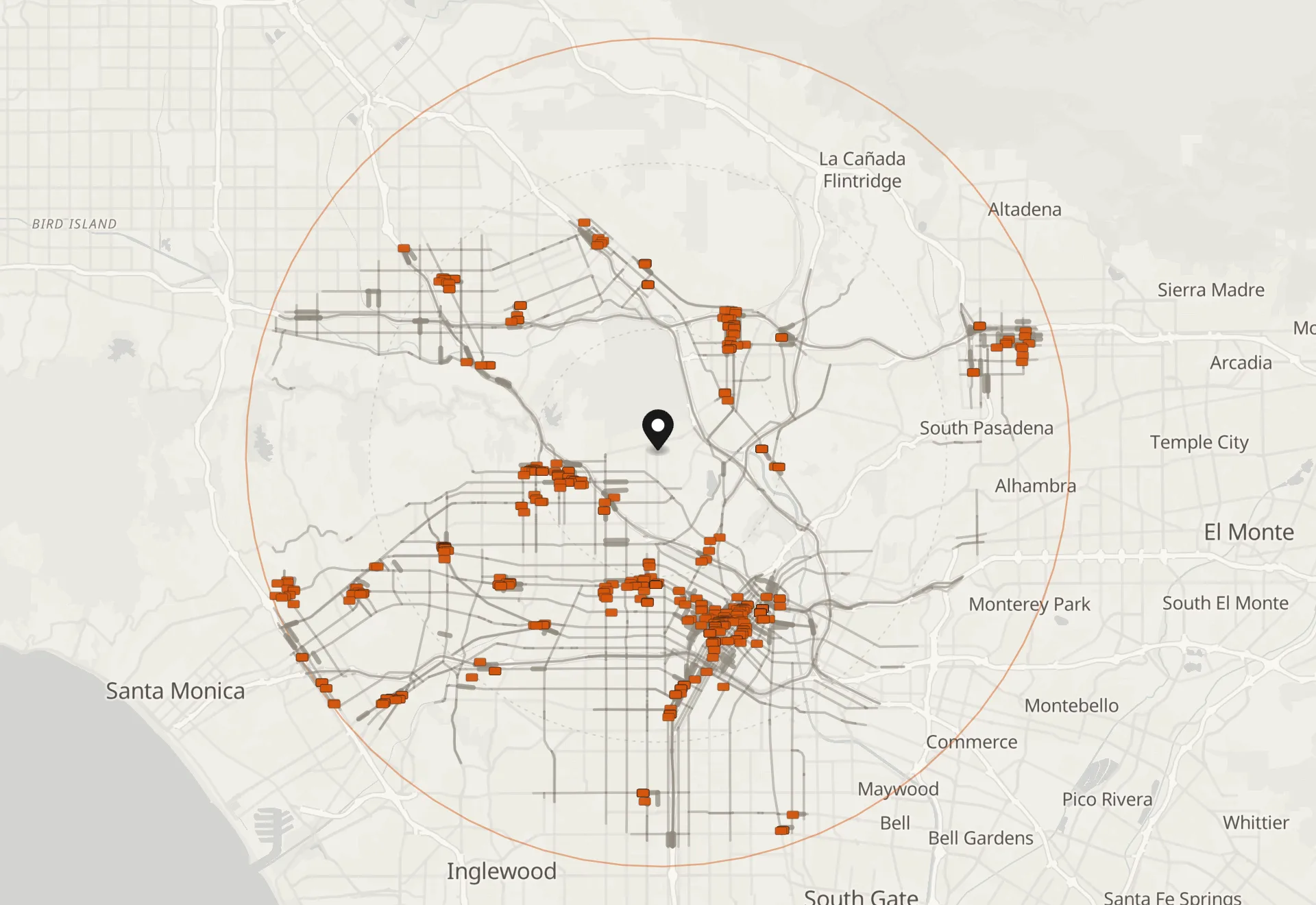 A plan's trade area on a map: ten miles around Los Feliz, the roads it concentrates on and the screens it targets
