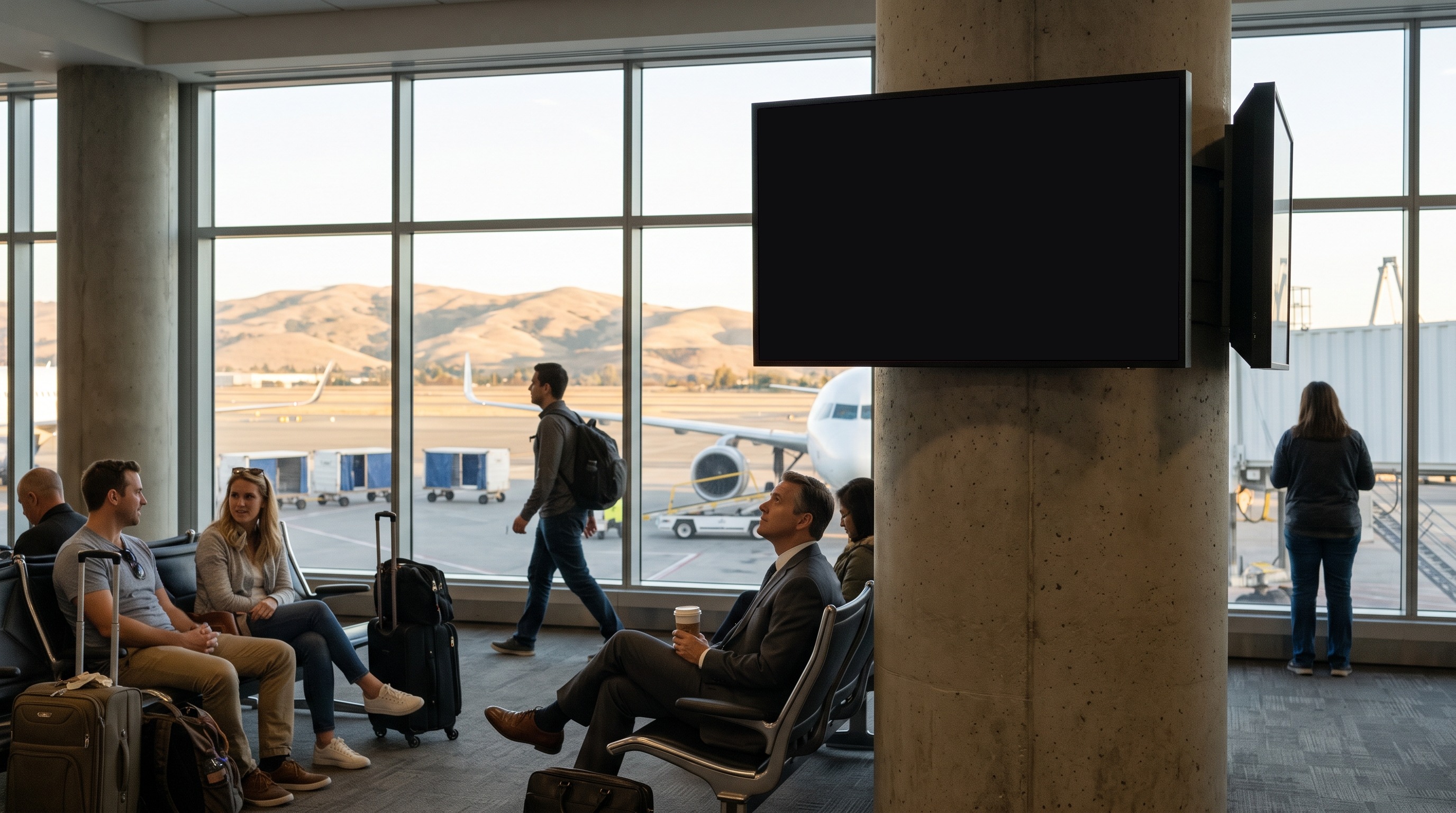 Airports: a screen running an ad