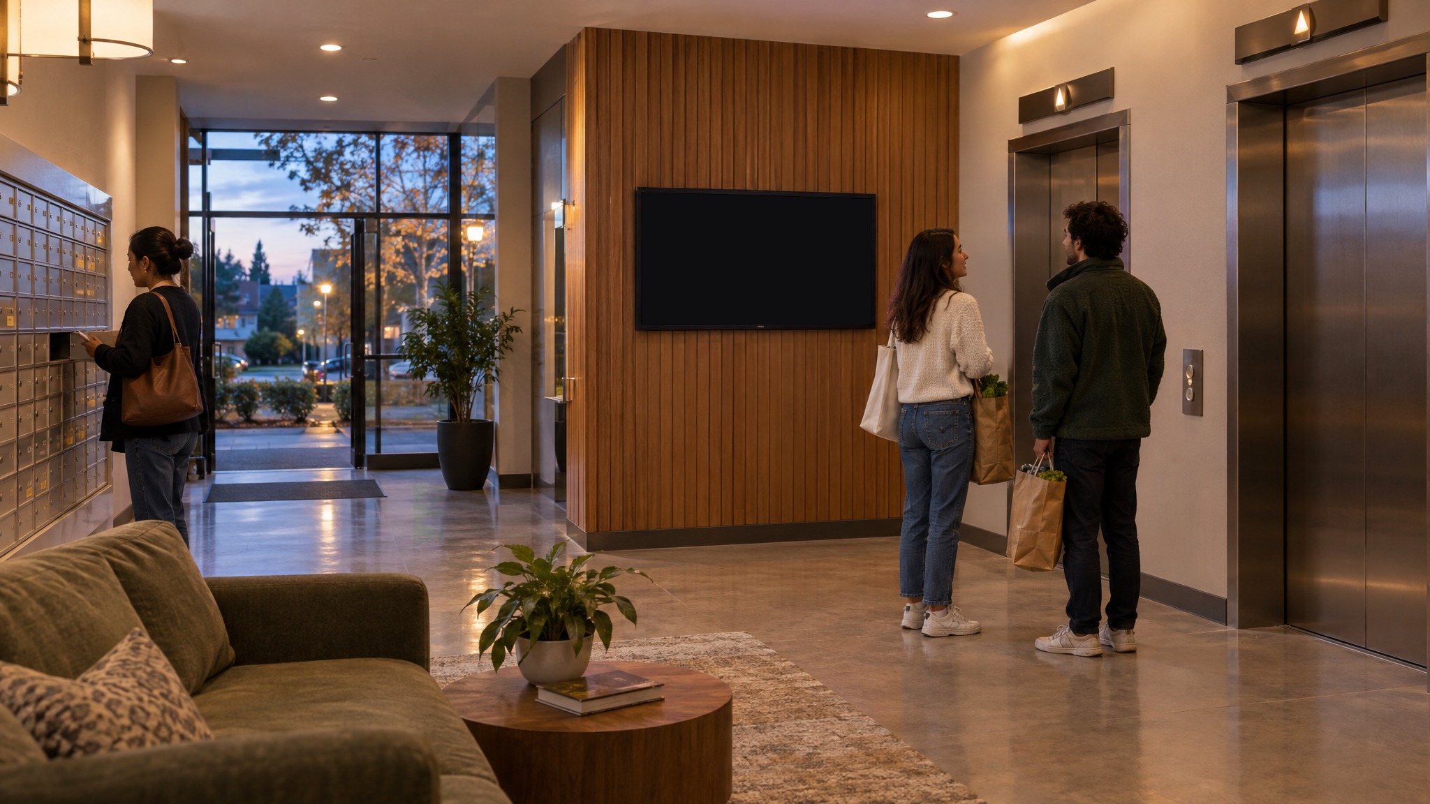 Apartment lobbies: a screen running an ad