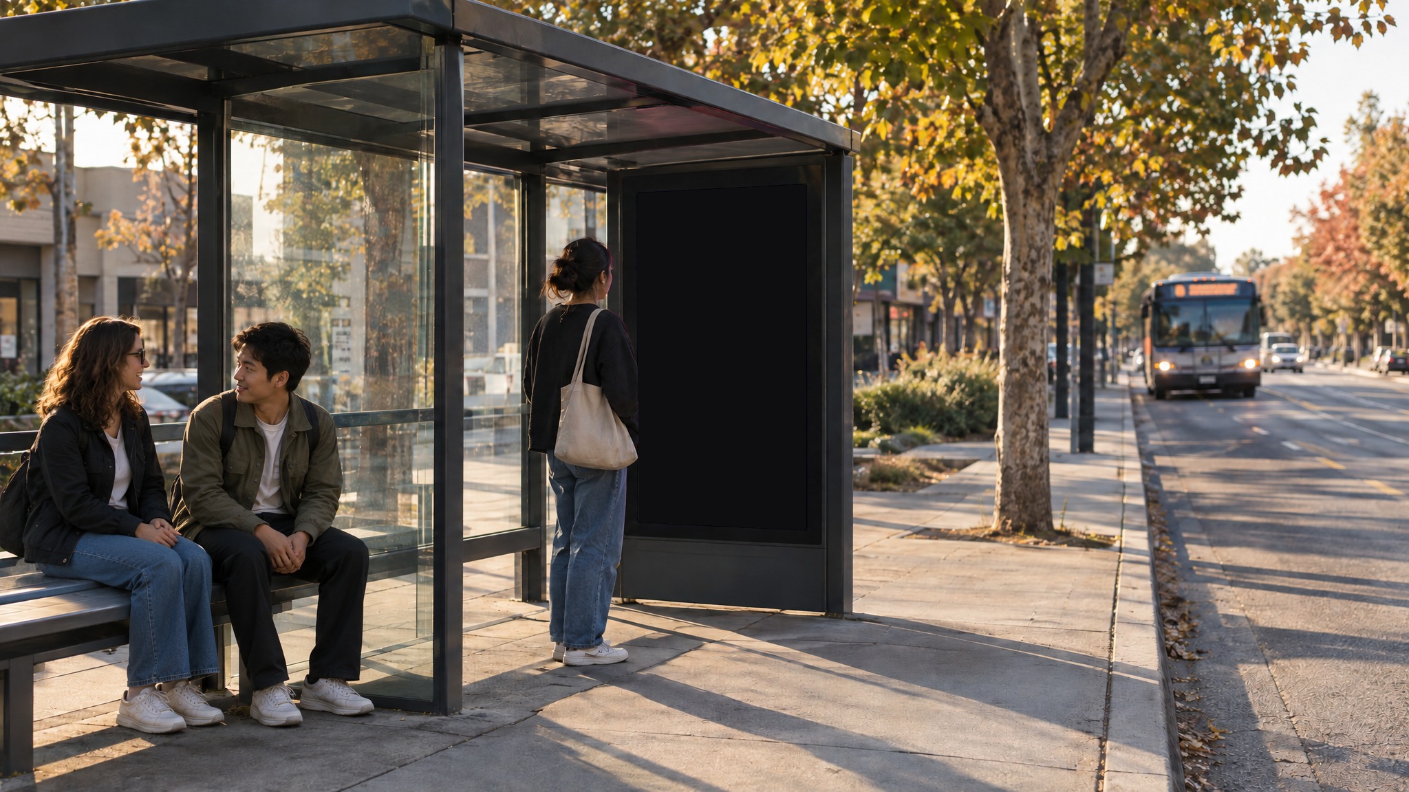 Bus shelters: a screen running an ad