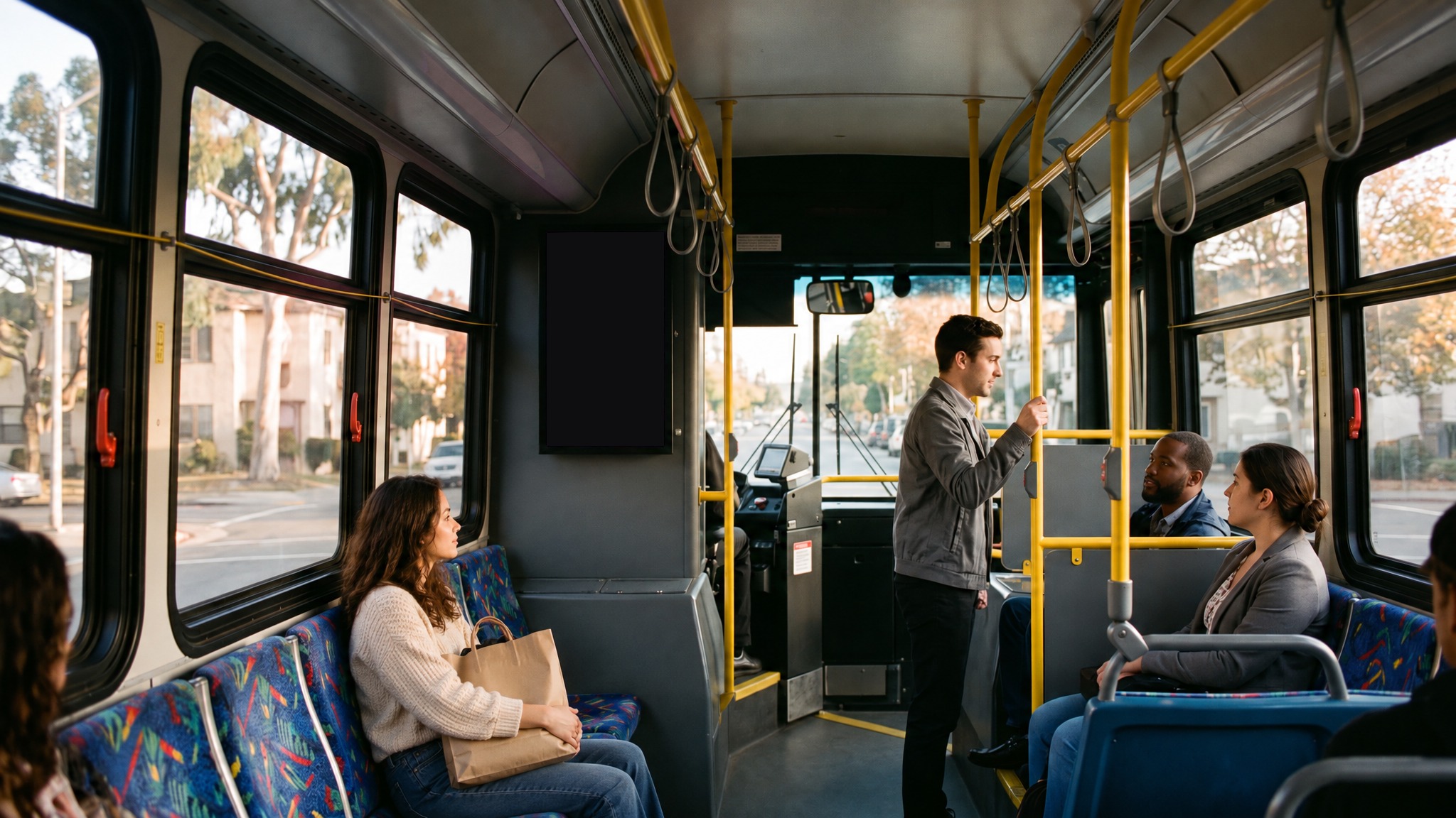 Buses and terminals: a screen running an ad