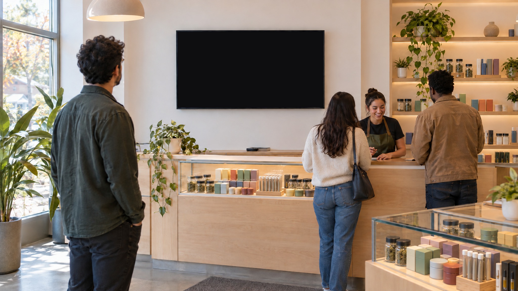 Cannabis dispensaries: a screen running an ad