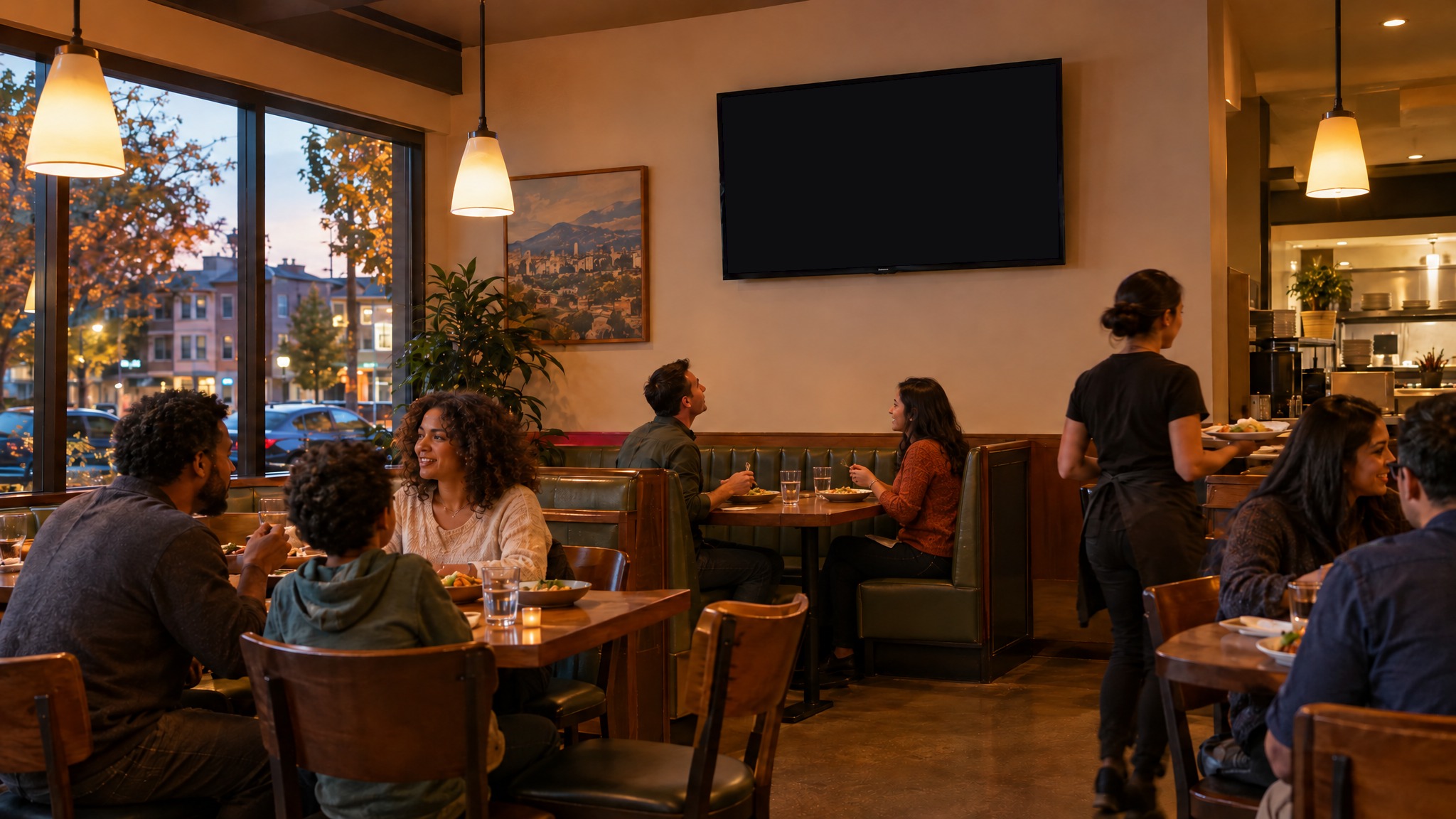 Casual dining: a screen running an ad