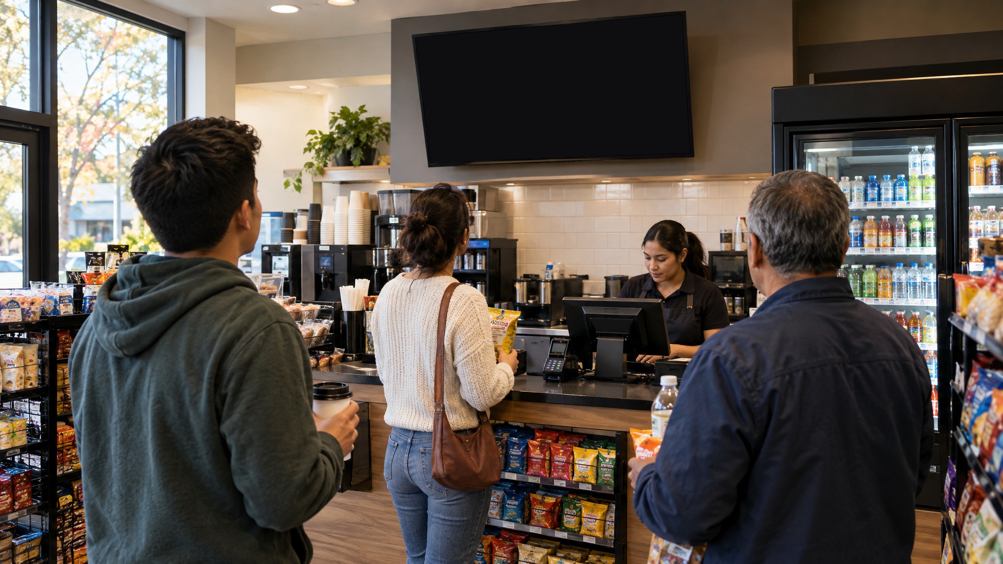 Convenience stores: a screen running an ad