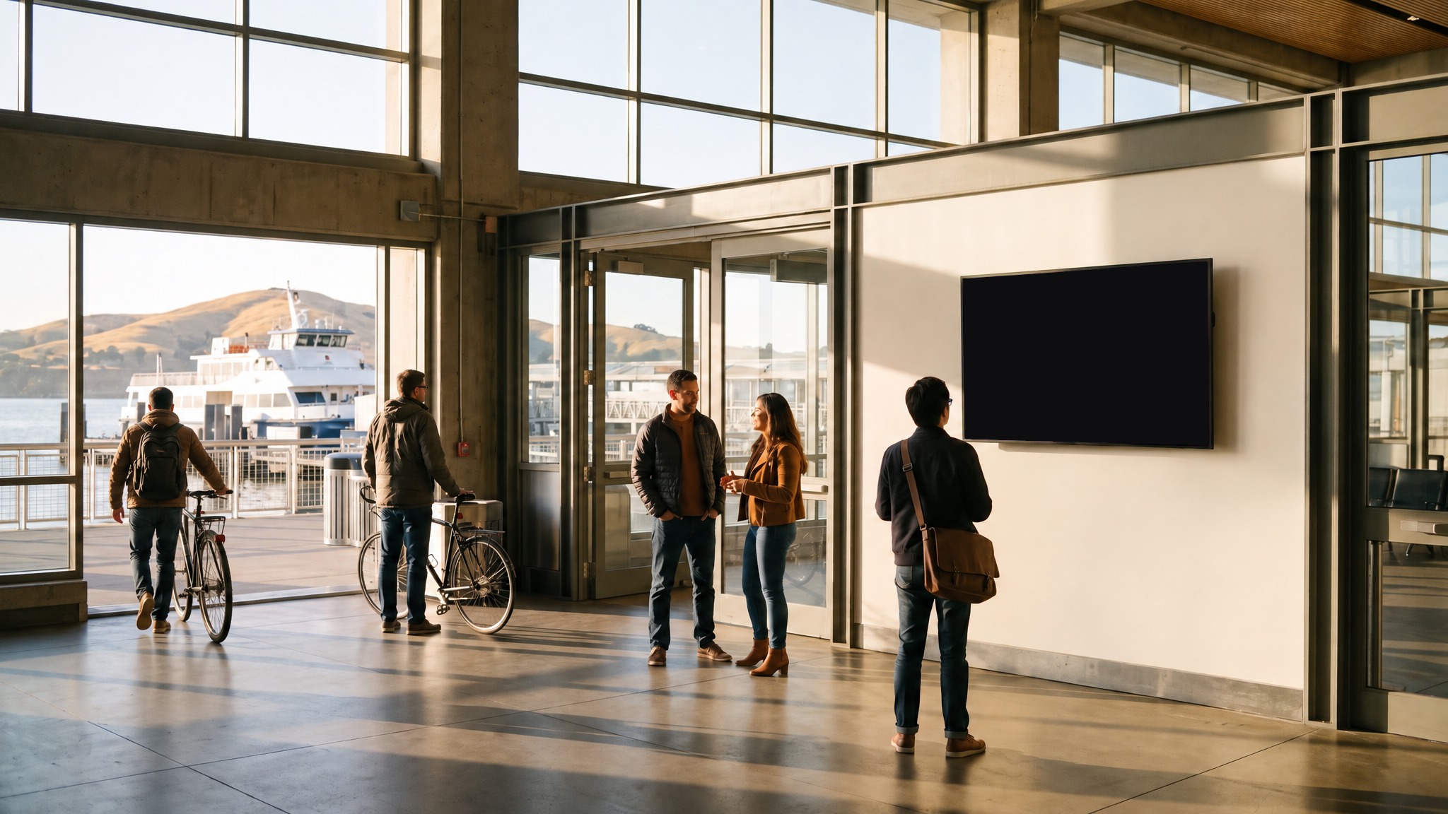 Ferry terminals: a screen running an ad
