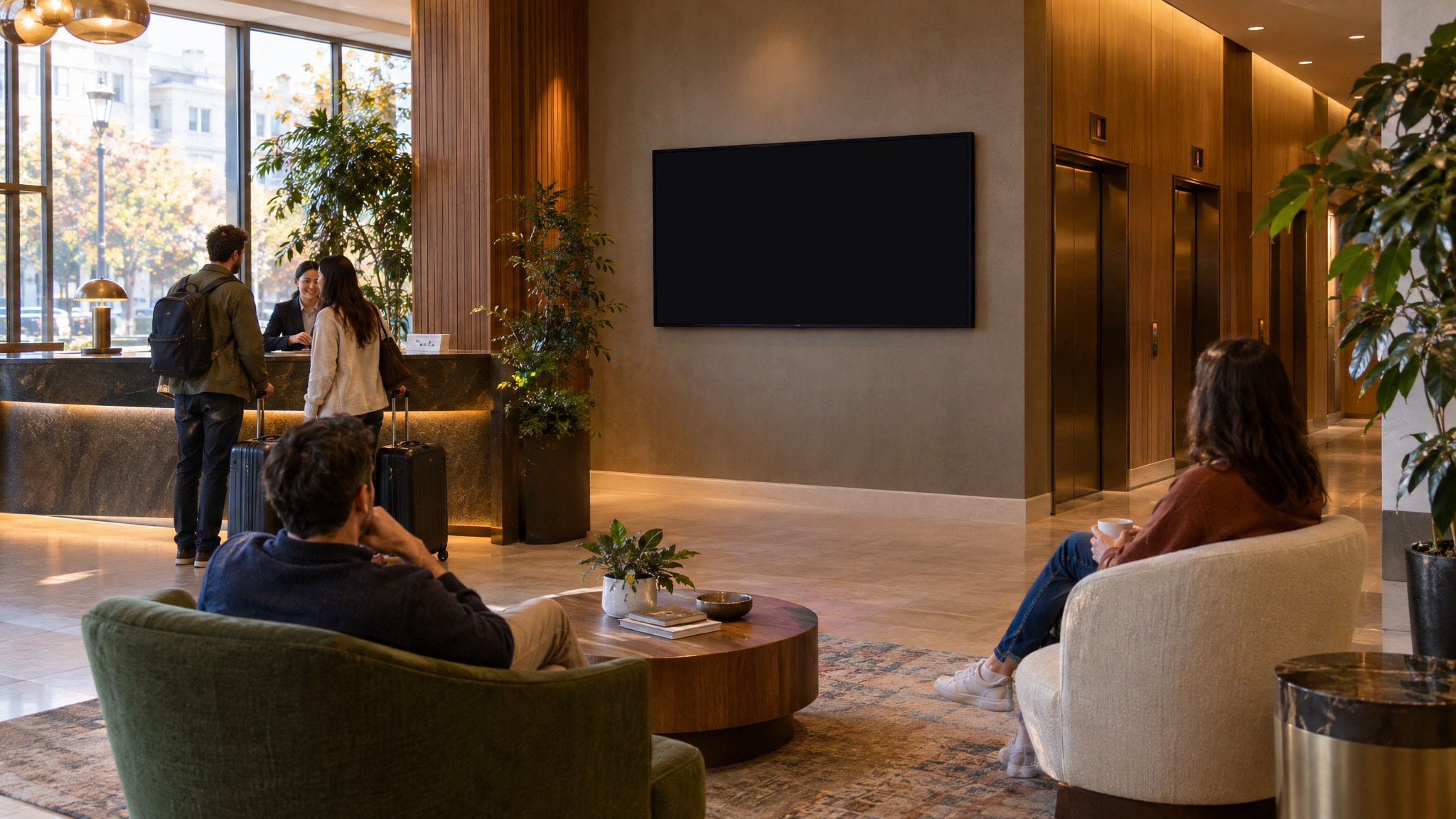 Hotel lobbies: a screen running an ad