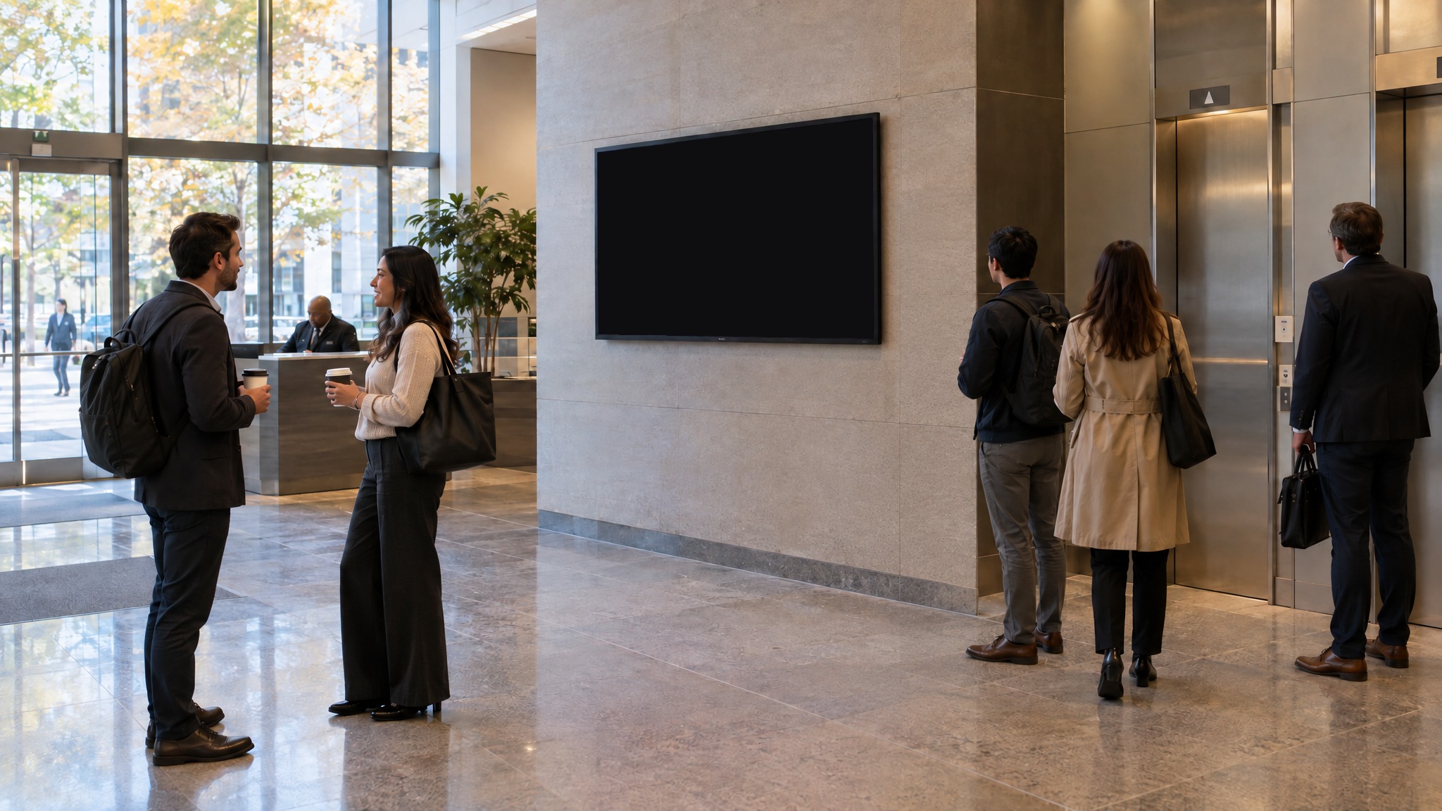 Office lobbies: a screen running an ad