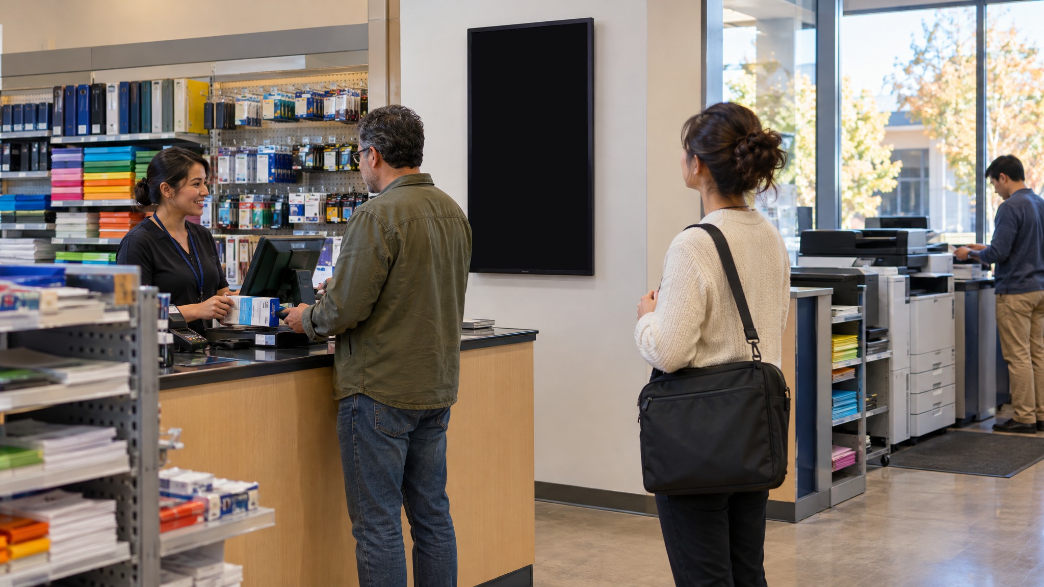 Office supply stores: a screen running an ad