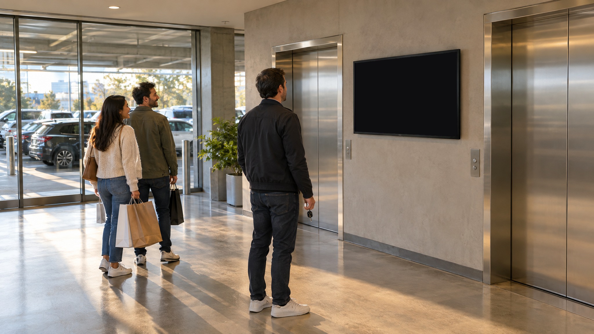 Parking garages: a screen running an ad