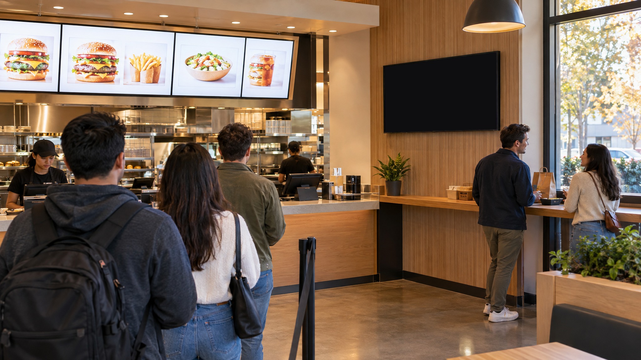 Fast-food restaurants: a screen running an ad