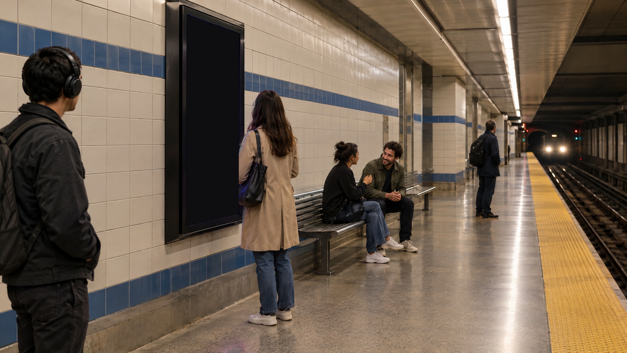 Subway platforms: a screen running an ad