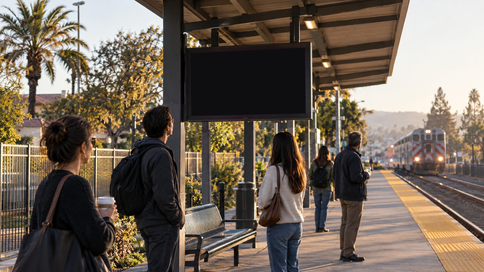 Train platforms: a screen running an ad