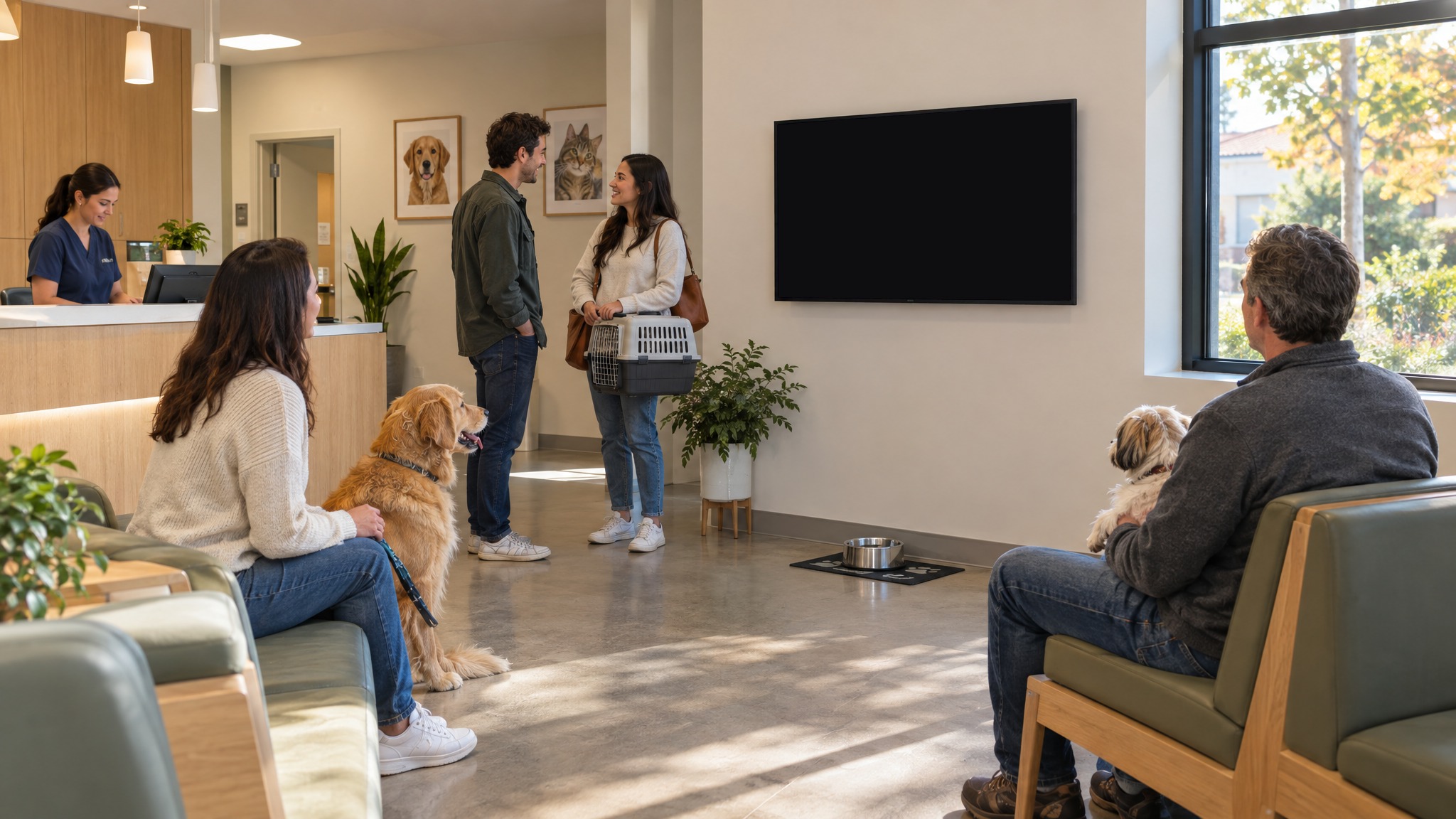 Vet offices: a screen running an ad